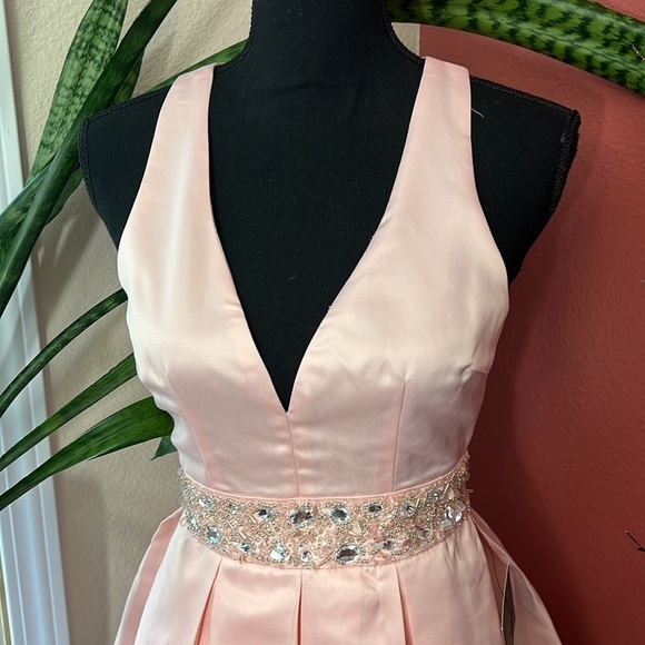 NEW Lulus Satin Light Pink Trendy Skater Dress with Rhinestones - Picture 4 of 15